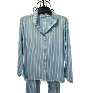 Flora Nikrooz Blue Striped Pajama Set sz Small Classic Soft Button Up Satin Trim